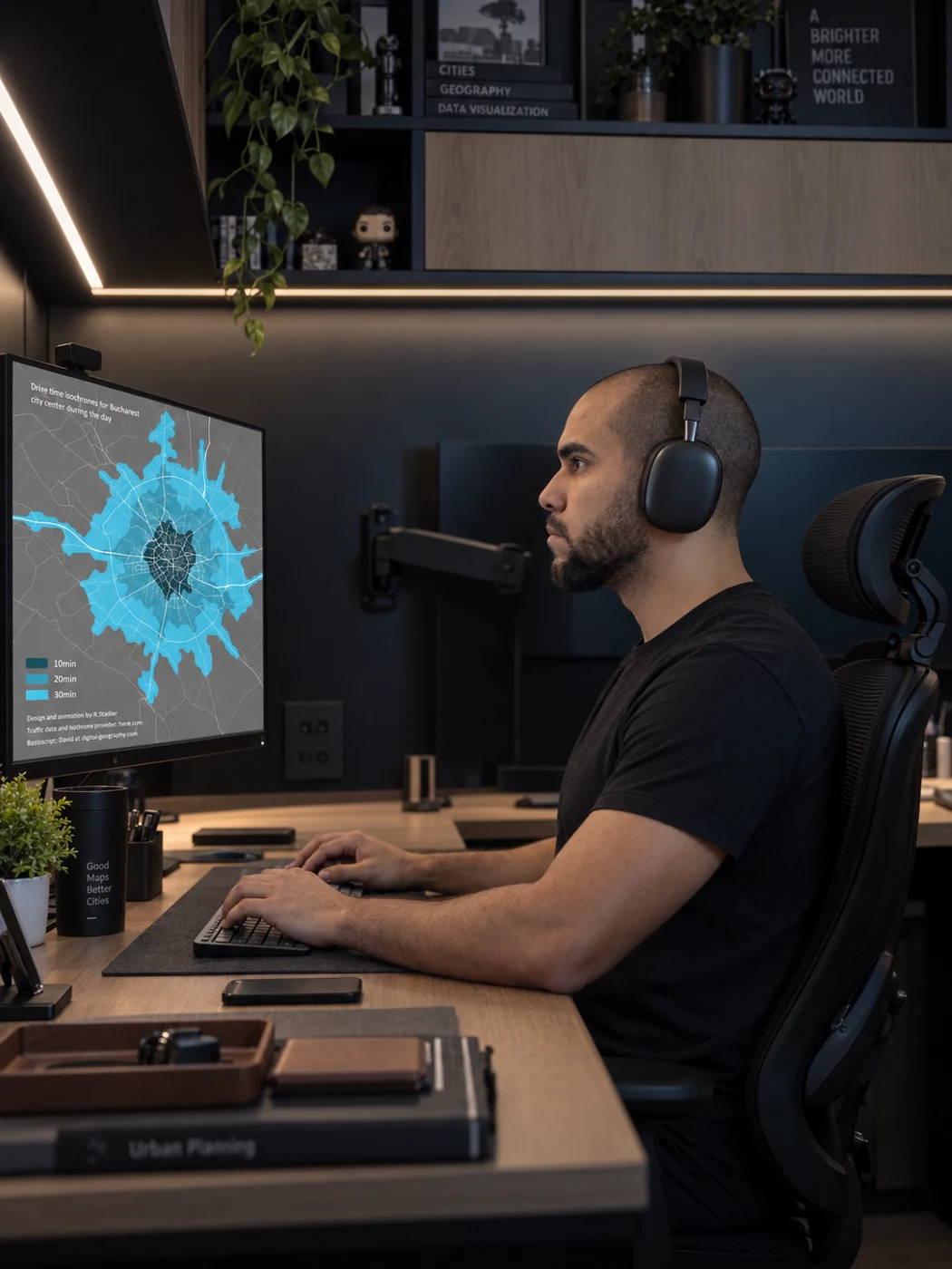 Trabalho técnico com dados e mapas em ambiente de escritório