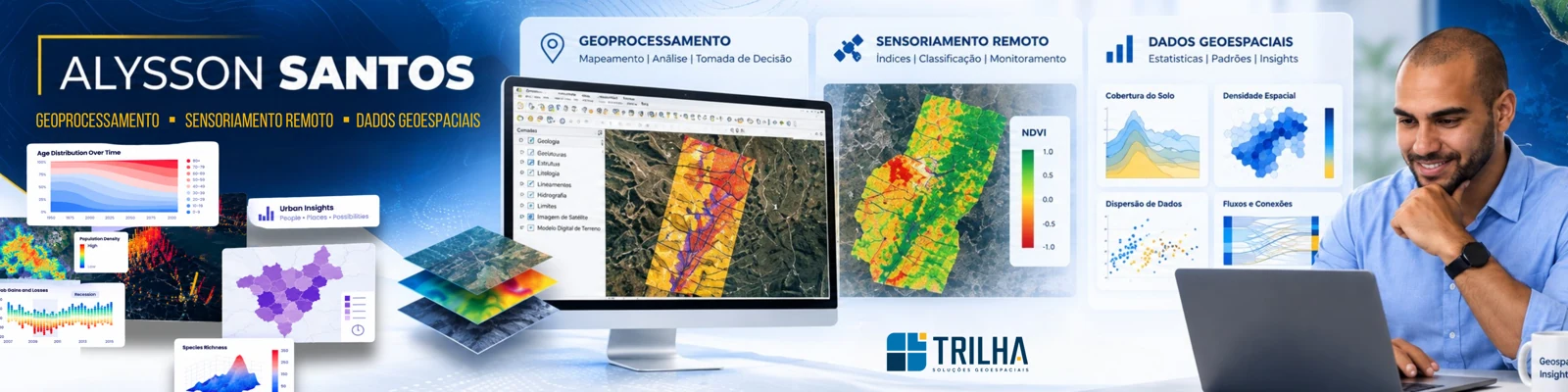 Capa profissional de Alysson Santos com mapas e análises geoespaciais